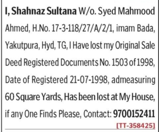 LOST OF SALE DEED