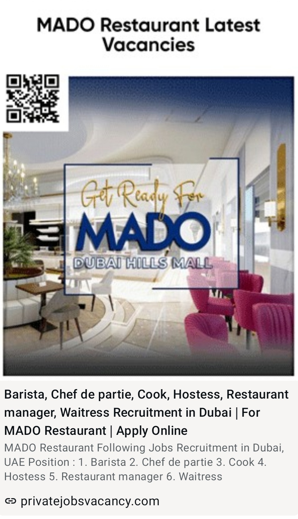 MADO RESTAURANT LATEST VACANCIES
