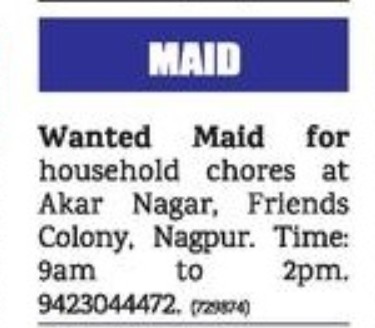 MAID REQUIRED FOR HOUSEHOLD CHORES