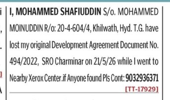 MOHAMMED SHAFIUDDIN HAS LOST DOCUMENT