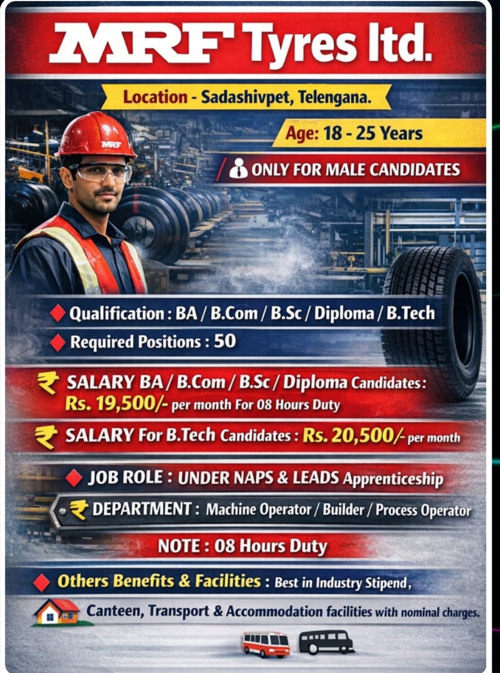 MRF TYRES IS HIRING AT TELANGANA