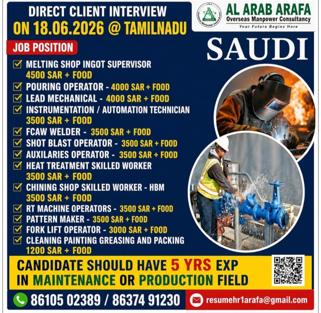 MULTIPLE JOB VACANCIES HIRING FOR SAUDI ARABIA