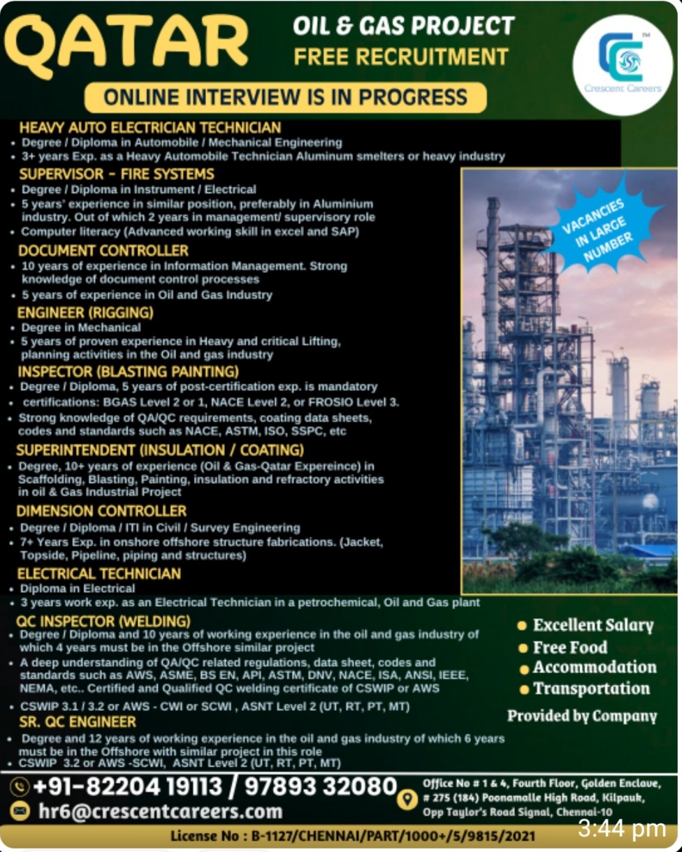OIL AND GAS PROJECT RECRUITMENT FOR QATAR