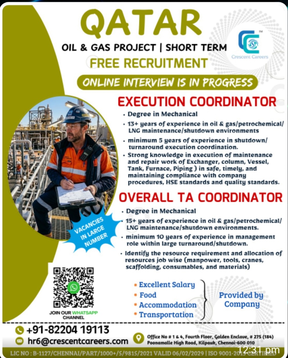 OIL AND GAS PROJECT SHORT TERM RECRUITMENT FOR QATAR