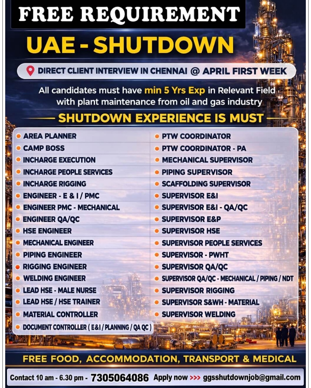 OIL AND GAS SHUTDOWN PROJECT RECRUITMENT AT UAE