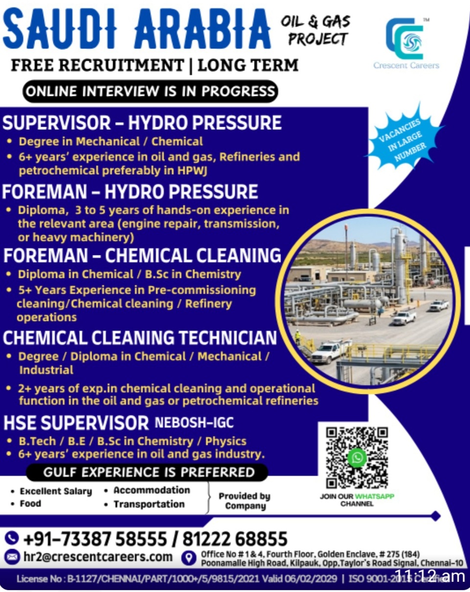 OIL AND GAS PROJECT LONG TERM RECRUITMENT FOR SAUDI ARABIA