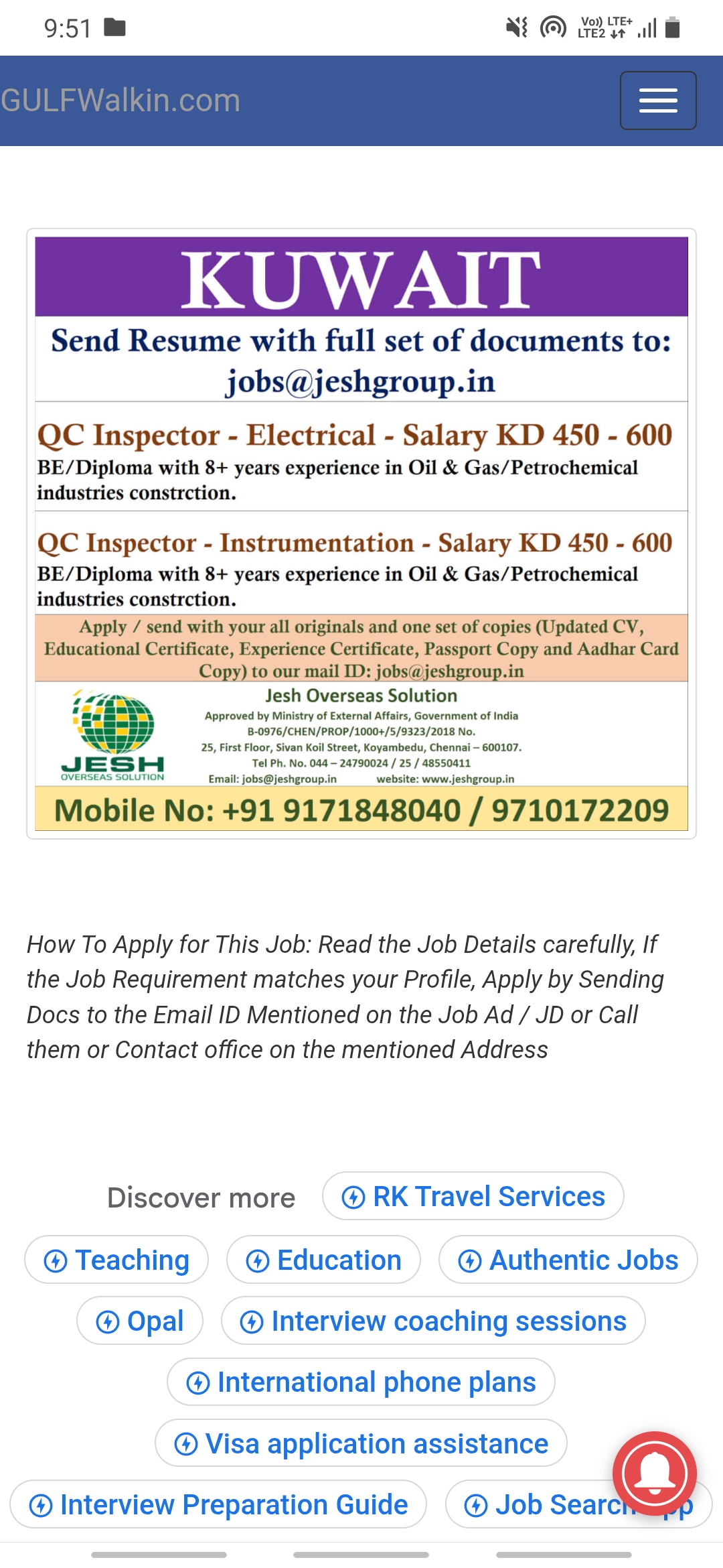 QC Inspector - Electrical, & QC Inspector - Instrumentation