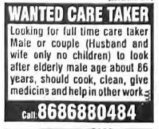 RECRUITMENT FOR CARE TAKER