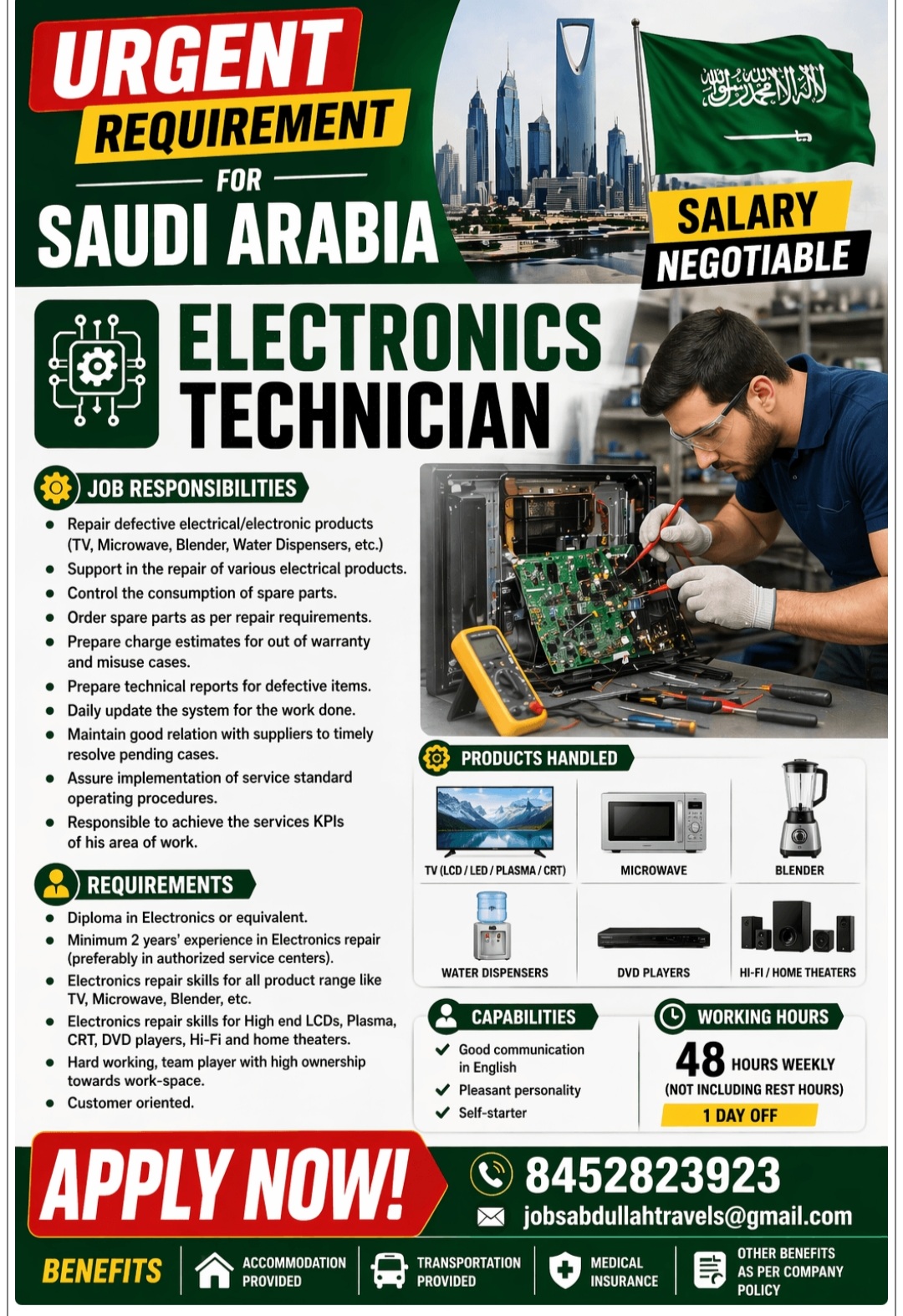 RECRUITMENT FOR ELECTRONICS TECHNICIAN FOR SAUDI ARABIA