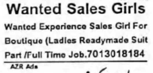 REQUIREMENT FOR SALES GIRL