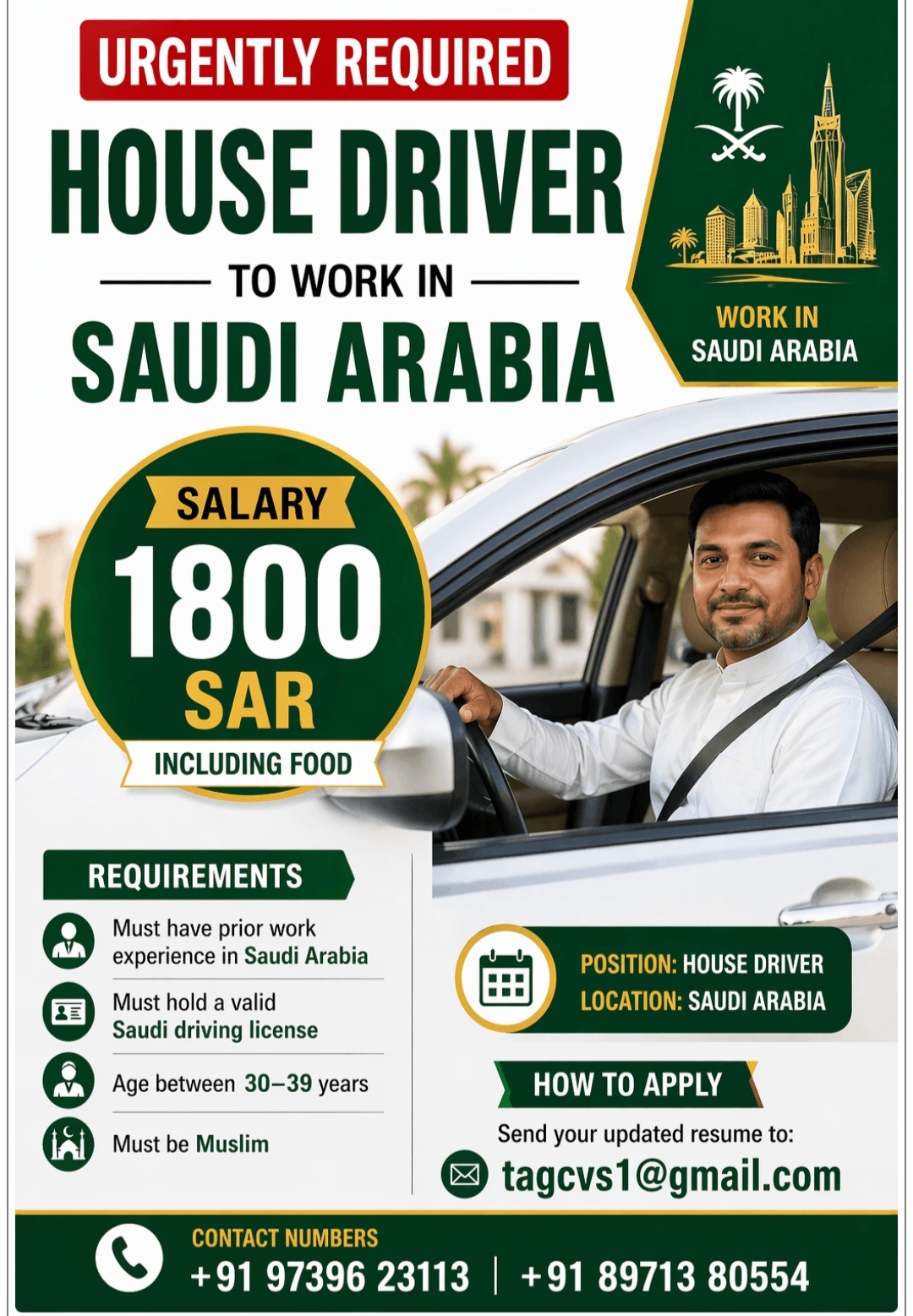 Requirement of house driver to work in Saudi Arabia