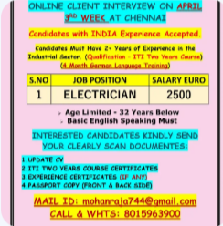 REQUIREMENTS FOR GERMANY – ONLINE CLIENT INTERVIEW ON APRIL 3RD WEEK AT CHENNAI