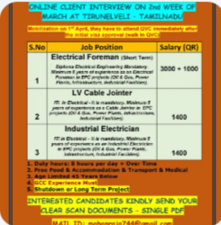 REQUIREMENTS FOR QATAR – ONLINE CLIENT INTERVIEW ON 2nd WEEK OF MARCH AT TIRUNELVELI – TAMILNADU