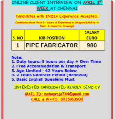 REQUIREMENTS FOR ROMANIA – ONLINE CLIENT INTERVIEW ON APRIL 3RD WEEK AT CHENNAI