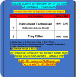 REQUIREMENTS FOR SAUDI – ONLINE CLIENT INTERVIEW ON 17-03-2025 AT CHENNAI – TAMILNADU