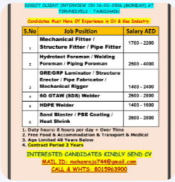 REQUIREMENTS FOR UAE & QATAR DIRECT CLIENT INTERVIEW ON 16-03-2026 (MONDAY) AT TIRUNELVELI – TAMILNADU