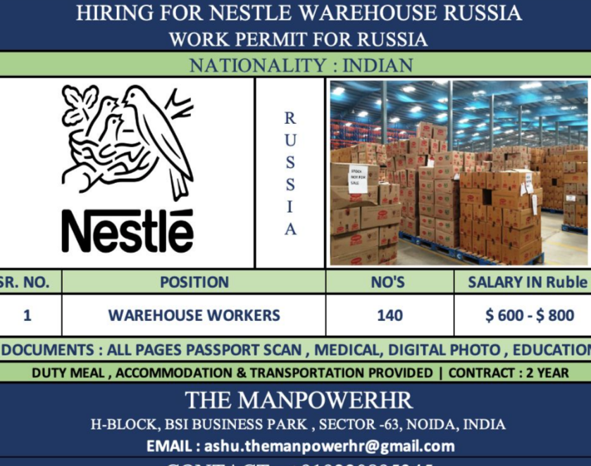 Russia warehouse jobs for Indian - Nestle Warehouse Russia