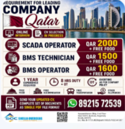 SCADA Operator, BMS Technician, BMS Operator Qatar