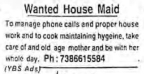 SEEKING HOUSE MAID