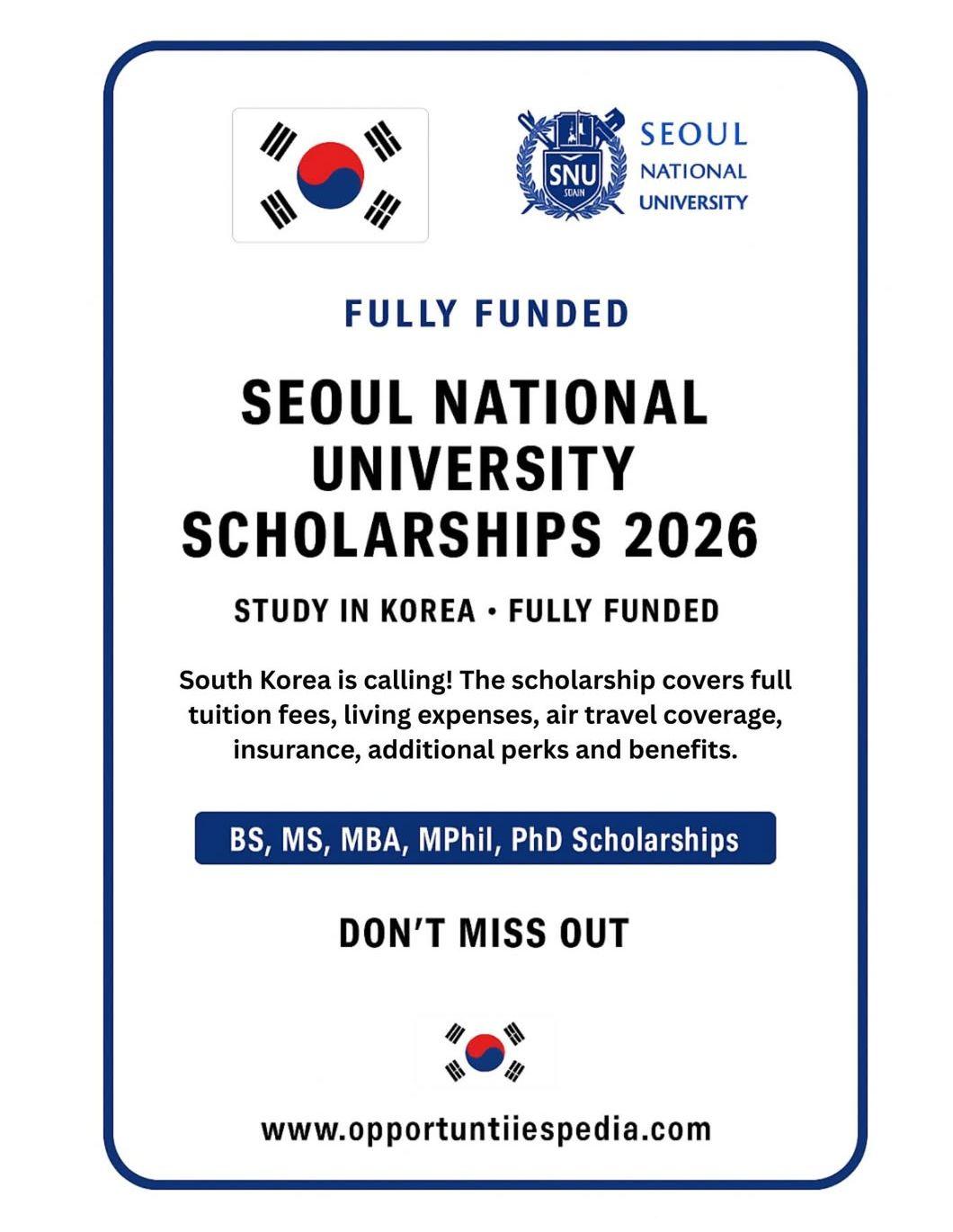 SEOUL  NATIONAL UNIVERSITY SCHOLARSHIPS 2026