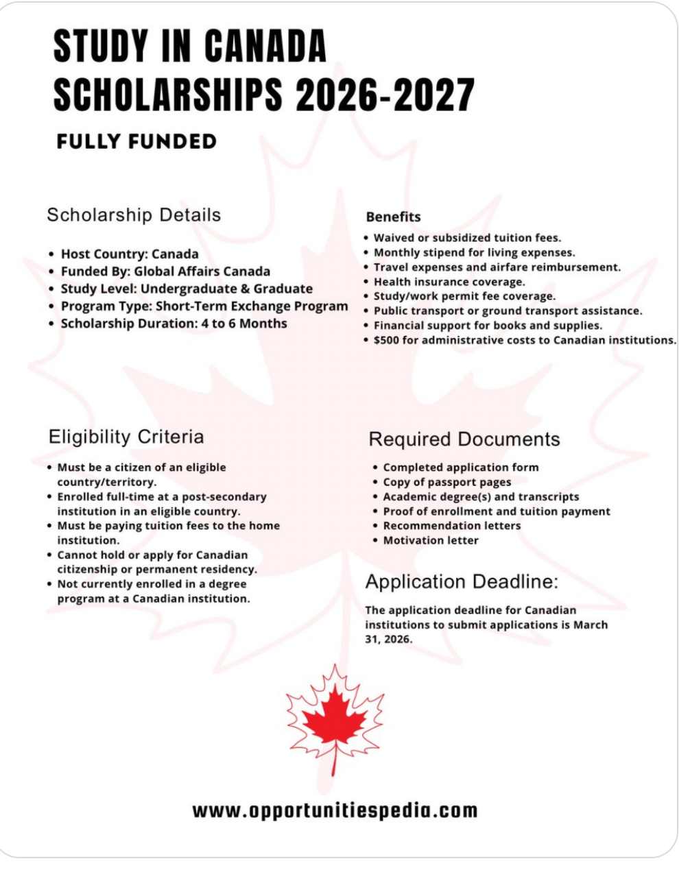 Study in Canada Scholarships 2026–2027 – Fully Funded