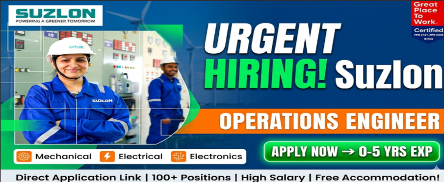 Suzlon Energy Recruitment 2026 :  operations Diploma, Engineers Jobs in Gujarat