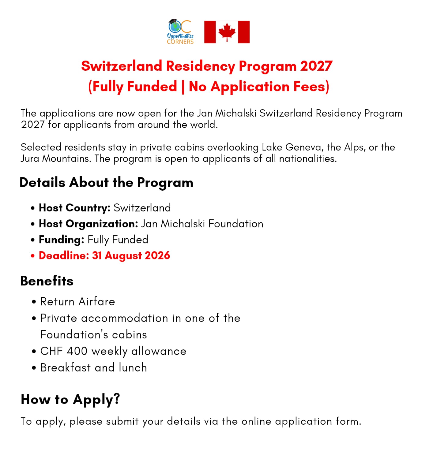 Switzerland Residency Program 2027 (Fully Funded)