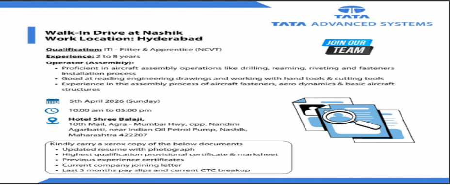 Tata Advanced Systems Walk in Drive 2026 : Operator Positions