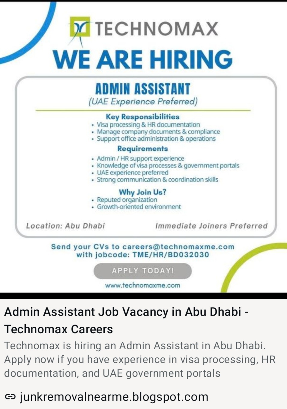 TECHNO MAX IS HIRING FOR ABU DHABI
