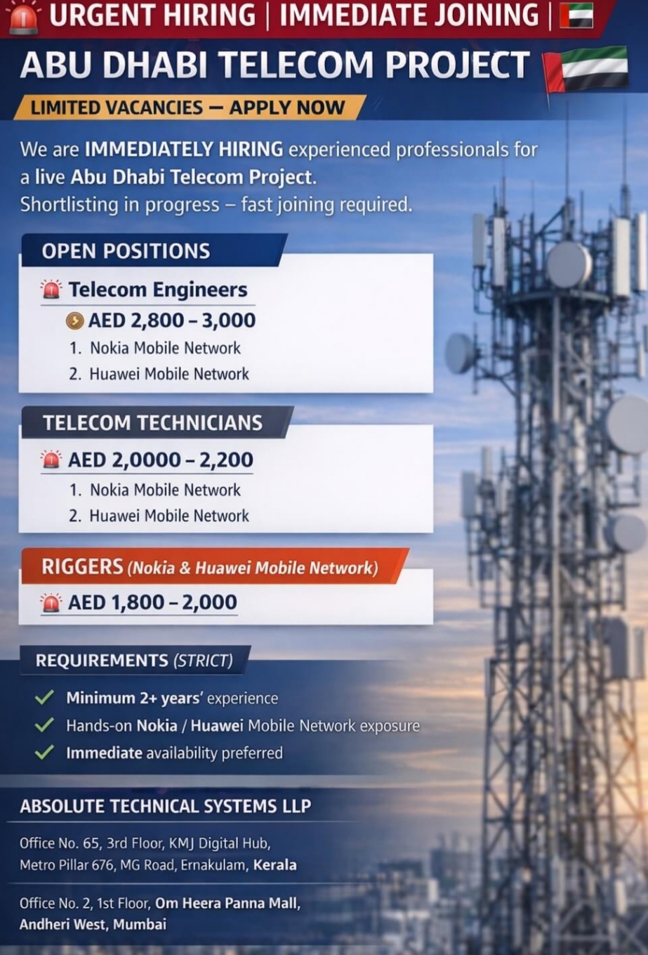 Telecom Engineers & Technicians for Abu Dhabi