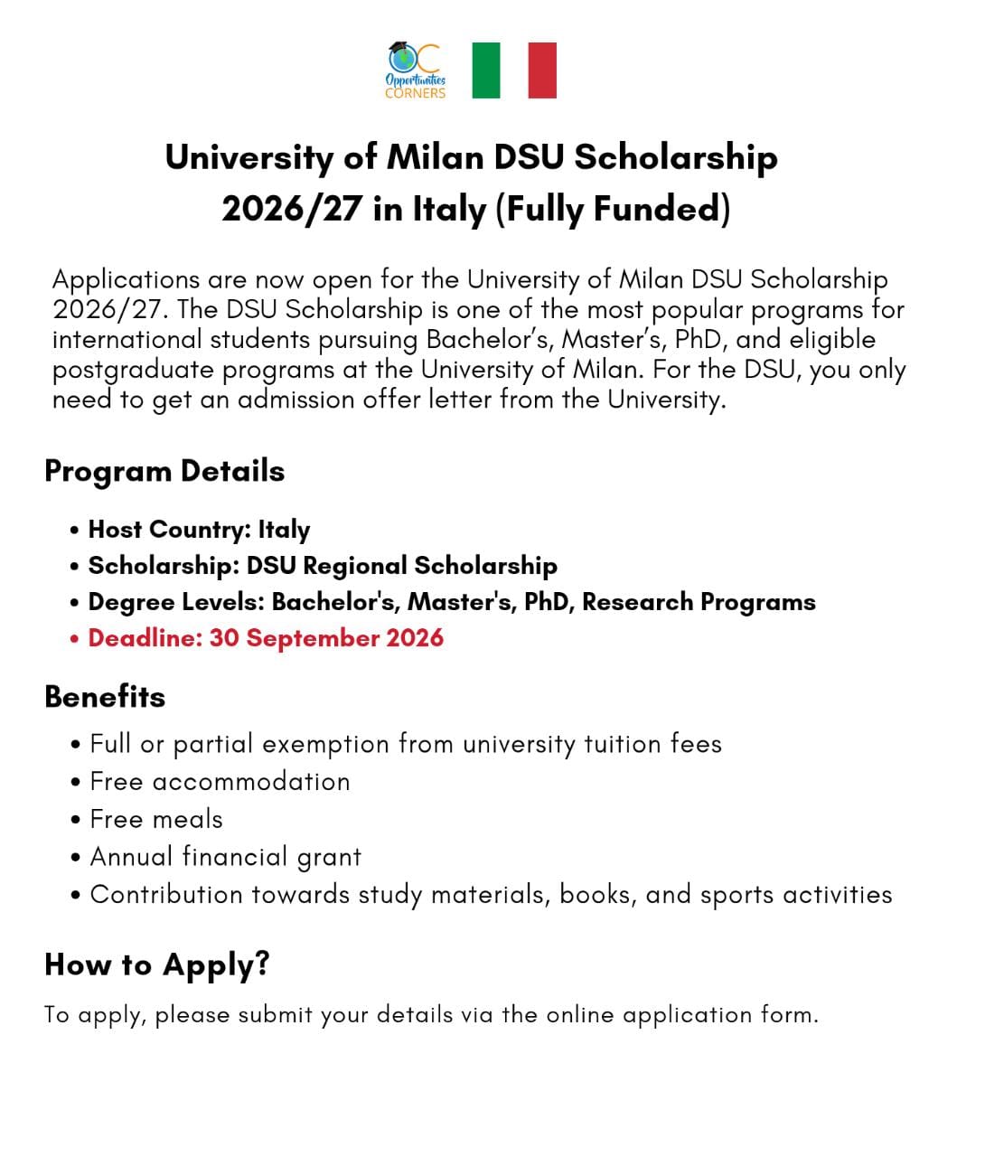 University of Milan DSU Scholarship 2026/27 in Italy (Fully Funded)