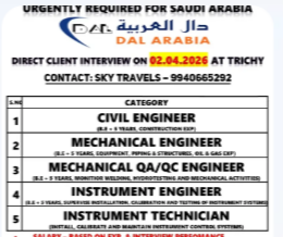 Urgently Required For Leading Company – Saudi Arabia.