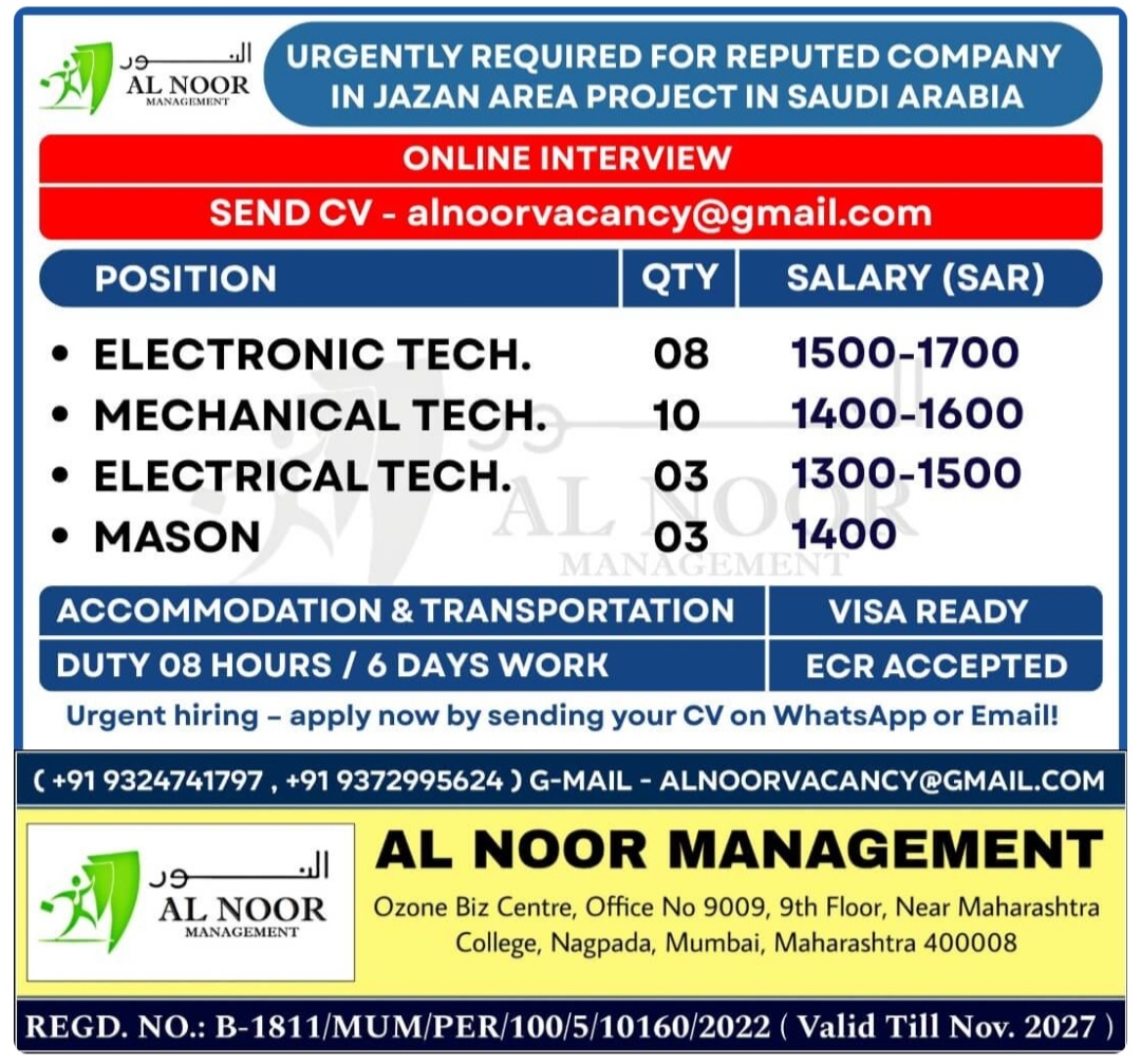 URGENTLY REQUIRED FOR REPUTED COMPANY IN SAUDI ARABIA