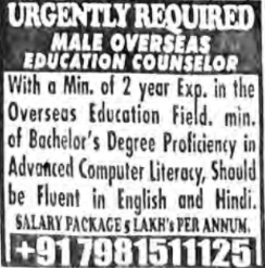Urgently Required Male Overseas Education Counselor
