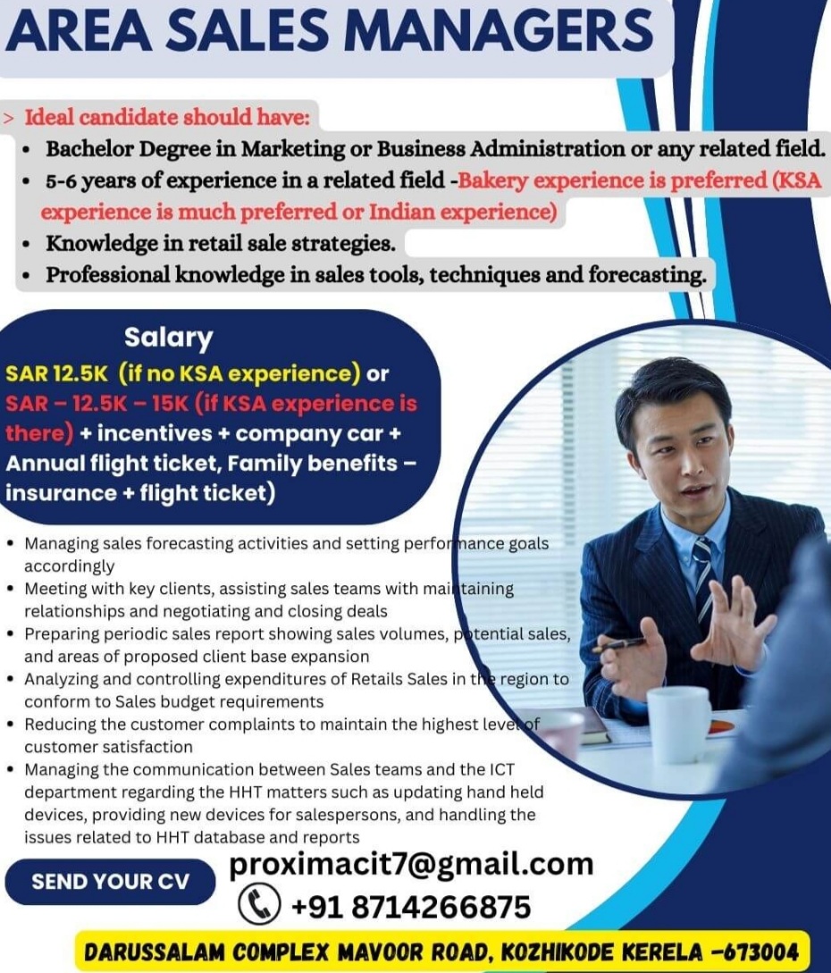 URGENTLY REQUIRED SAUDI ARABIA - AREA SALES MANAGERS