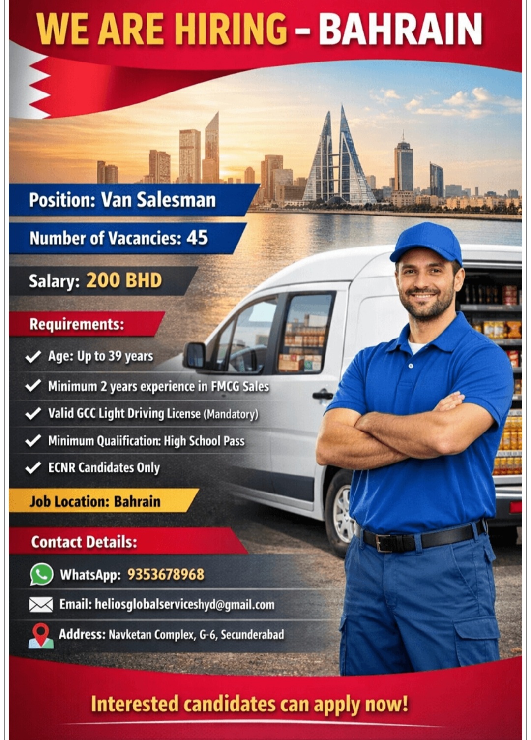 VANSALES MAN RECRUITMENT FOR BAHRAIN