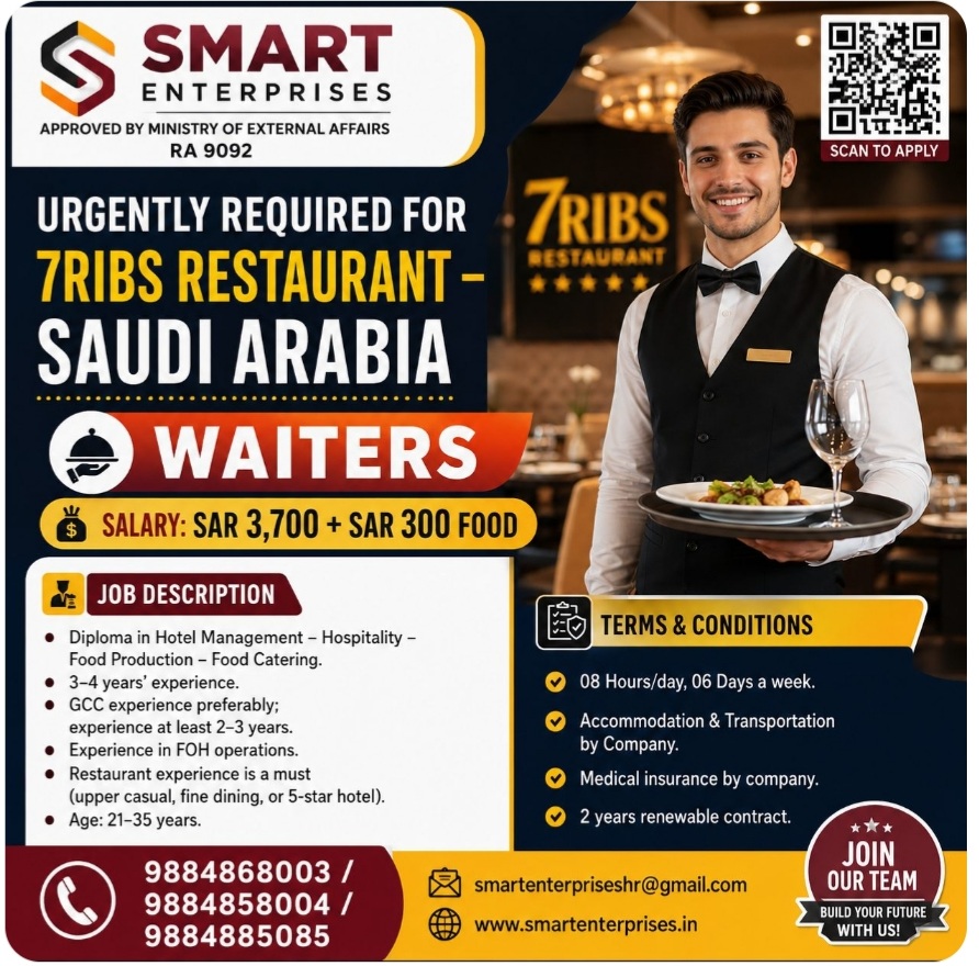 WAITERS REQUIRED FOR SAUDI ARABIA RESTAURANT