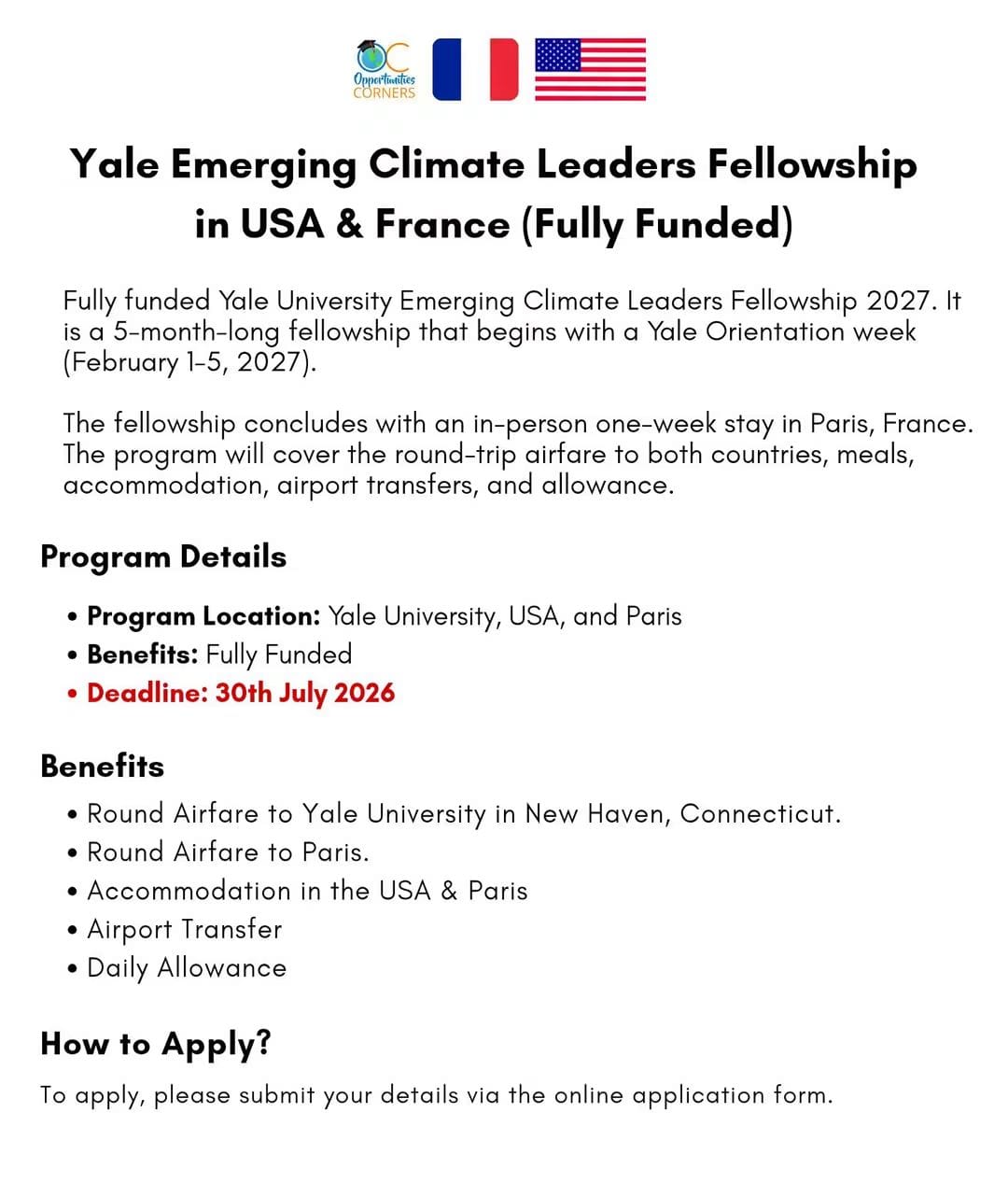 Yale Emerging Climate Leaders Fellowship 2027 in USA & France (Fully Funded)