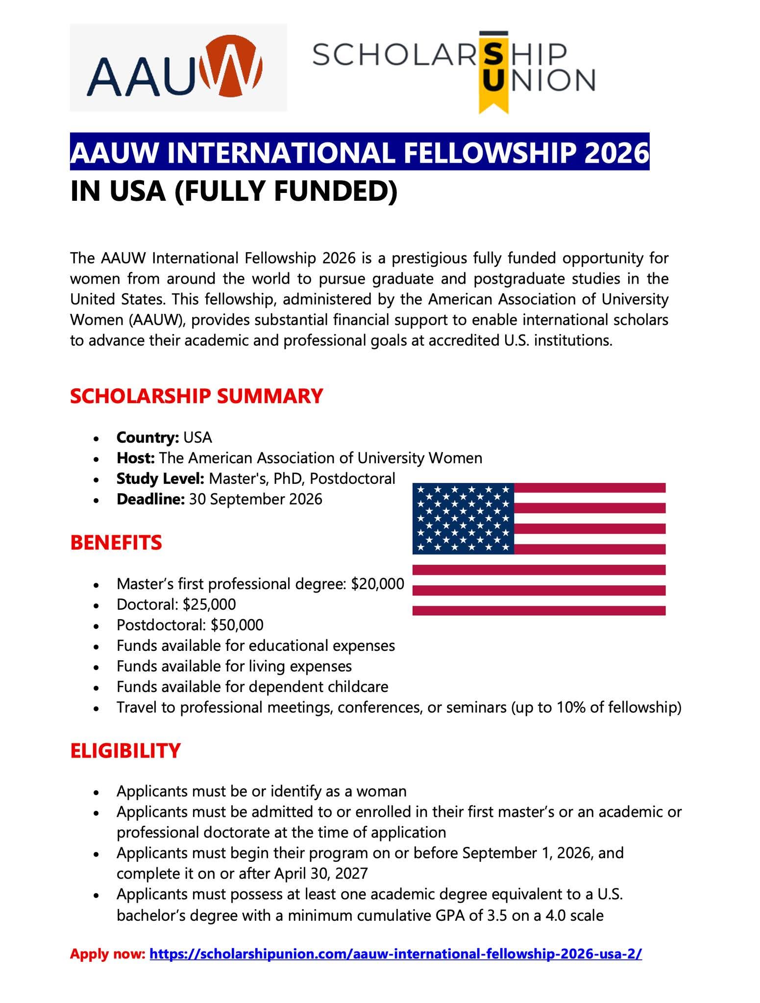 AAUW International Fellowship 2026 in USA