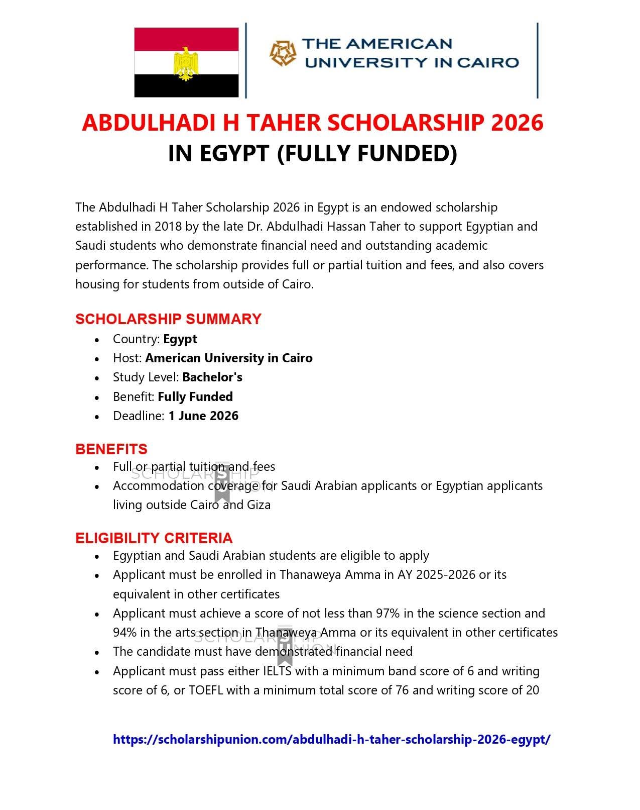 Abdulhadi H. Taher Scholarship 2026 in Egypt