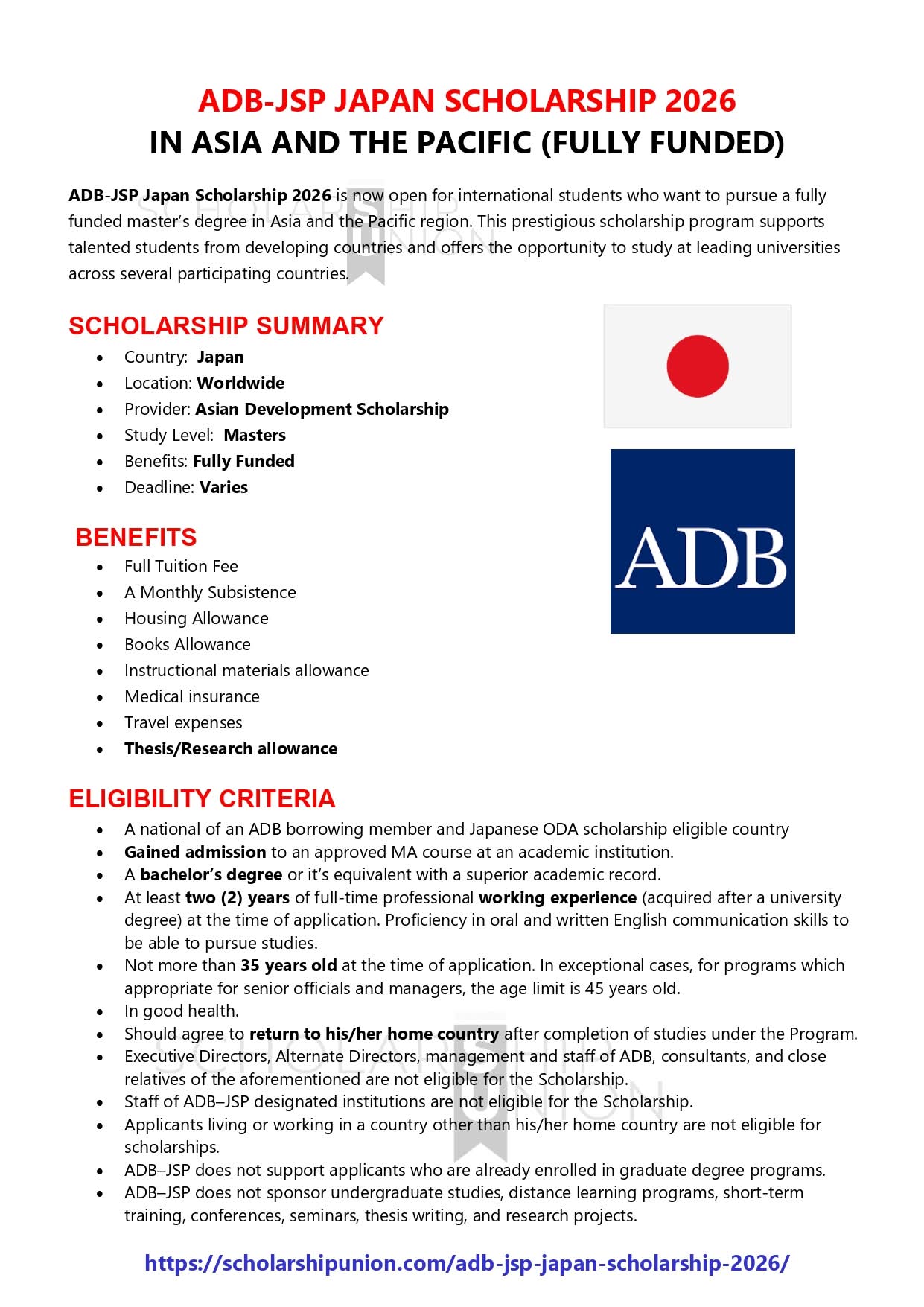 ADB- JSP Japan Scholarship 2026 In Worldwide