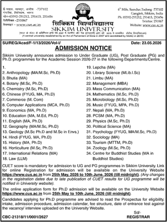 Admission Notice: Sikkim University UG, PG, & Ph.D. Admissions