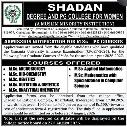 Admission Notification for M.Sc. PG Courses by Shadan College for Women Hyderabad
