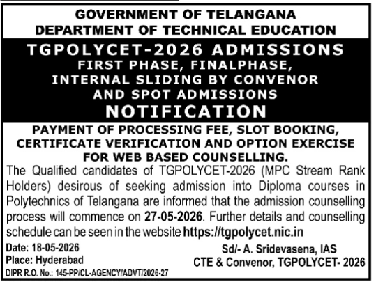 Admission Notification: TGPOLYCET-2026 Counselling