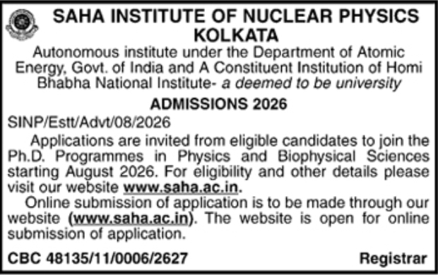 Admissions 2026: Ph.D. Programmes at Saha Institute of Nuclear Physics