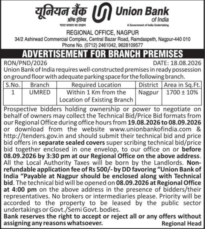 Advertisement for Commercial Ground Floor Bank Branch Premises by Union Bank of India