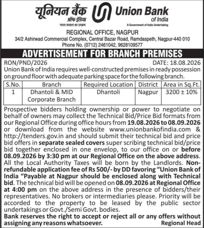 Advertisement for Commercial Ground Floor Bank Branch Premises by Union Bank of India