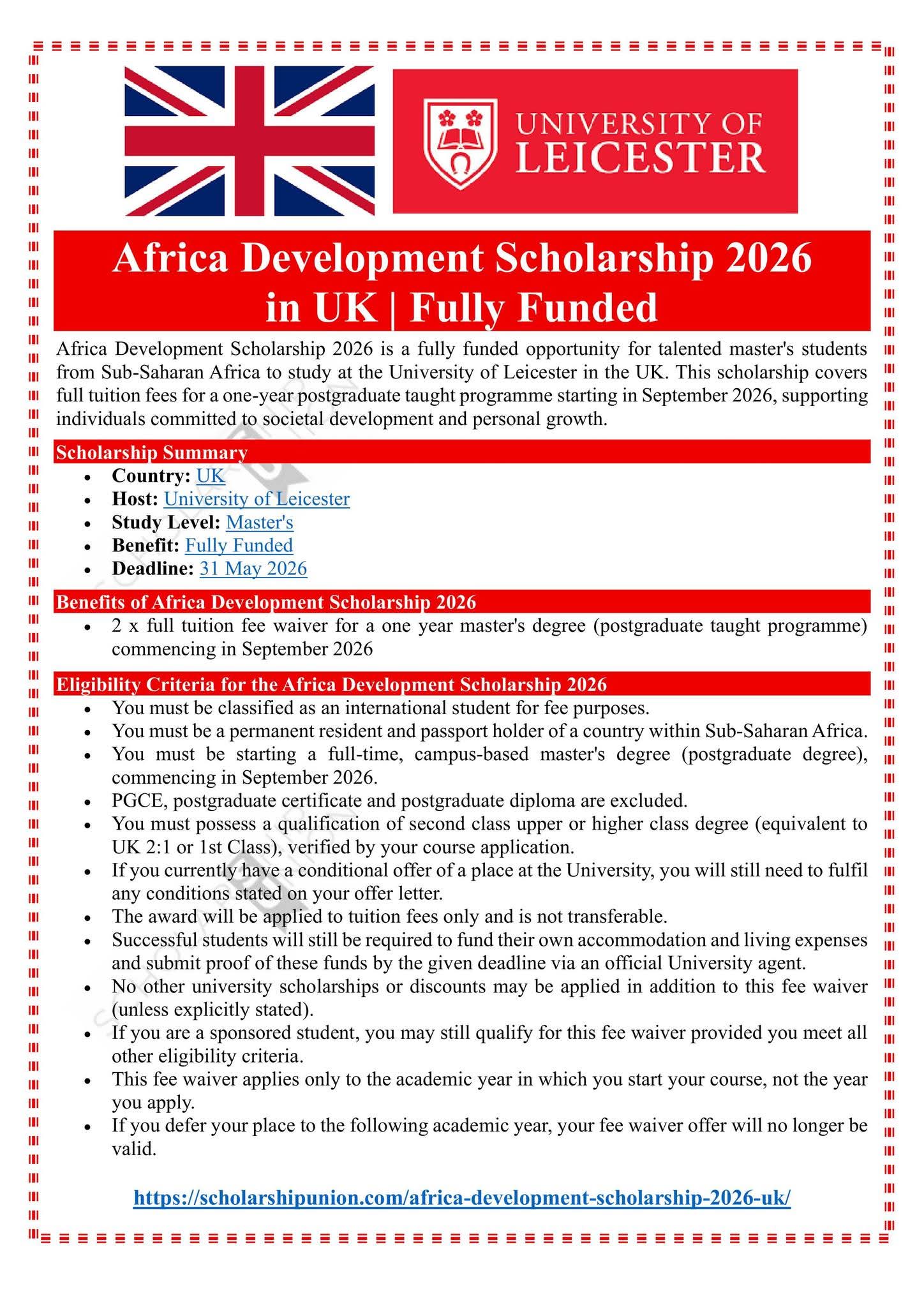 Africa Development Scholarship 2026 in UK
