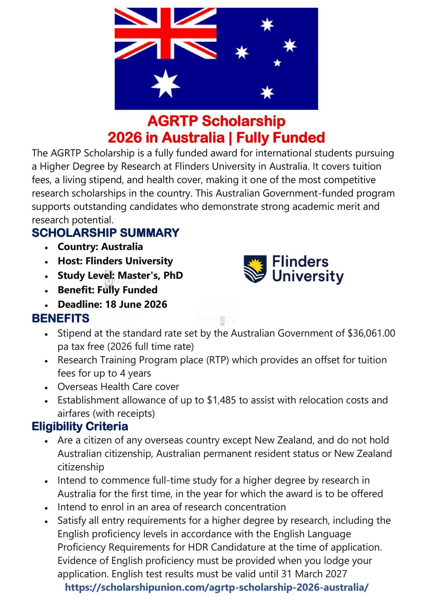 AGRTP Scholarship 2026 in Australia