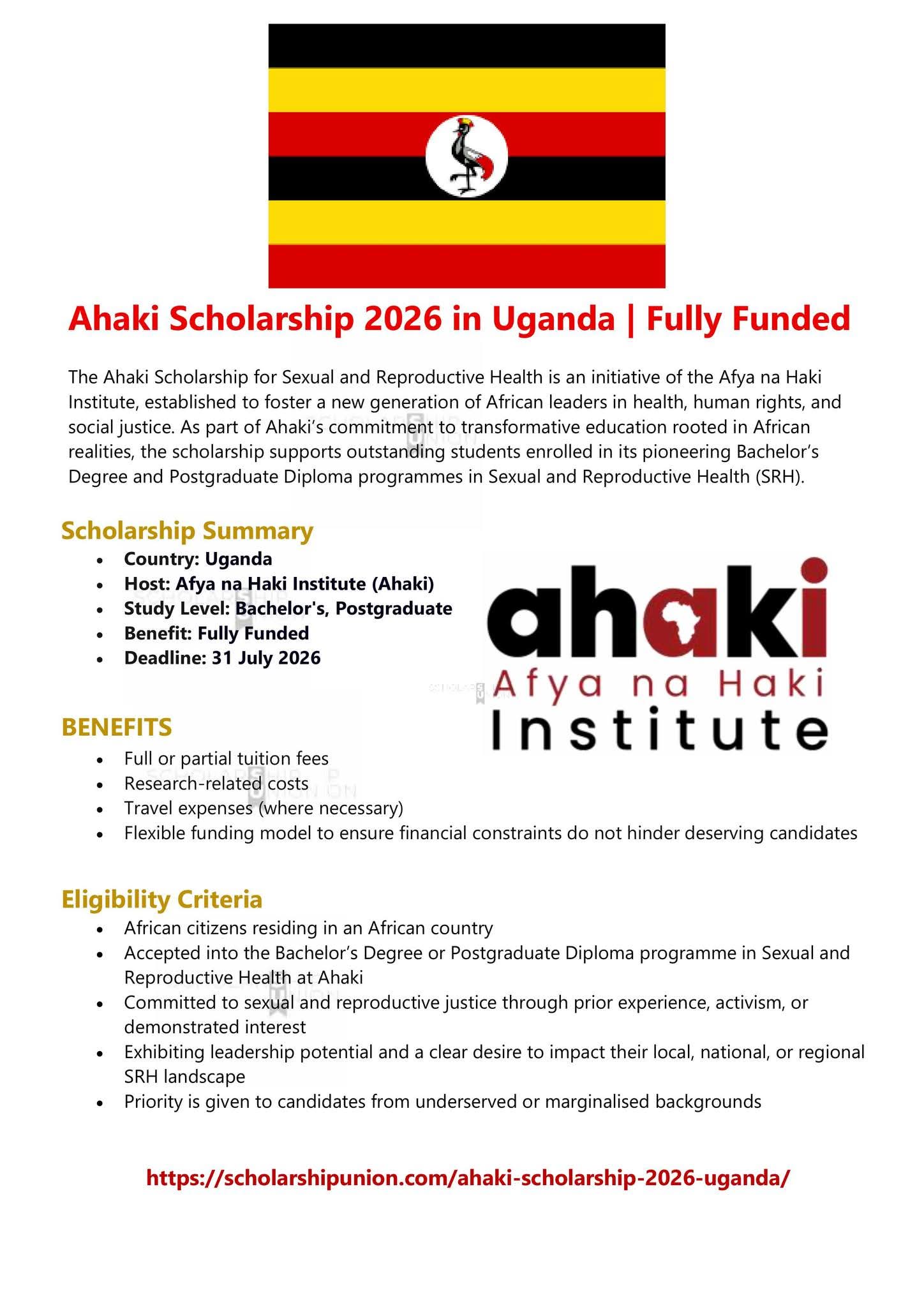 Ahaki Scholarship 2026 in Uganda
